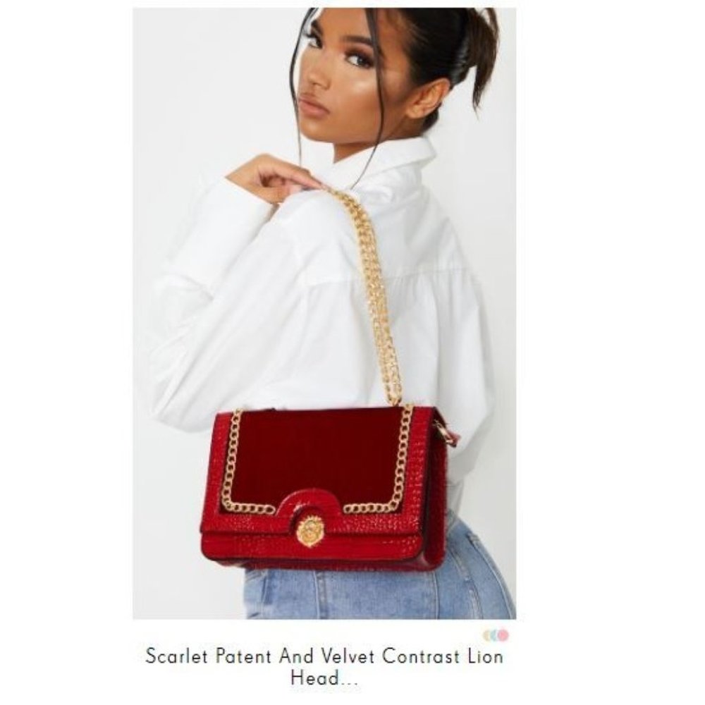 SCARLET PATENT AND VELVET CONTRAST LION HEAD CROSS BODY BAG
